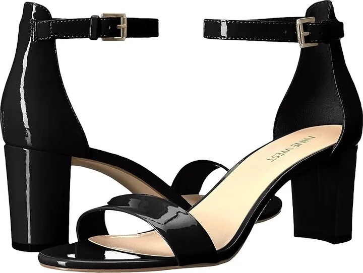 Nine West Pruce Block Heel Sandal High Women's Heels Black Sleek Patent PU : 5 M, Synthetic