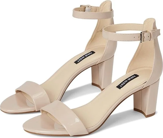 Nine West Pruce Block Heel Sandal High Women's Heels Natural Sleek Patent PU : 5 M, Synthetic