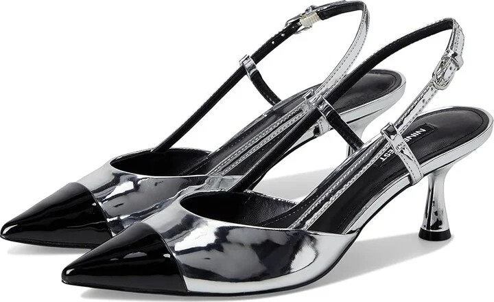 Nine West Rizzy High Women's Heels Silver Mirror Metallic/Black : 5 M, Leather/Synthetic