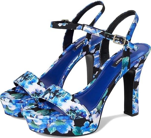 Nine West Solas Women's Wedge Shoes Blue Bouquet Floral : 6.5 M, Leather/Rubber