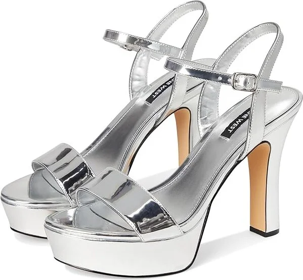 Nine West Solas Women's Wedge Shoes Silver Mirror Metallic : 9.5 M, Leather/Rubber