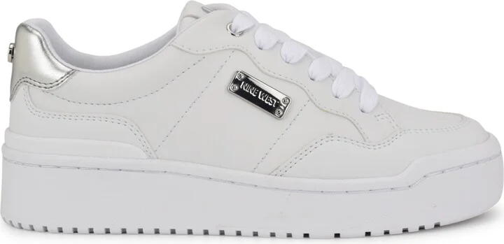 Nine West Women's Aleno Lace-Up Platform Casual Sneakers - White/Silver - Image 2