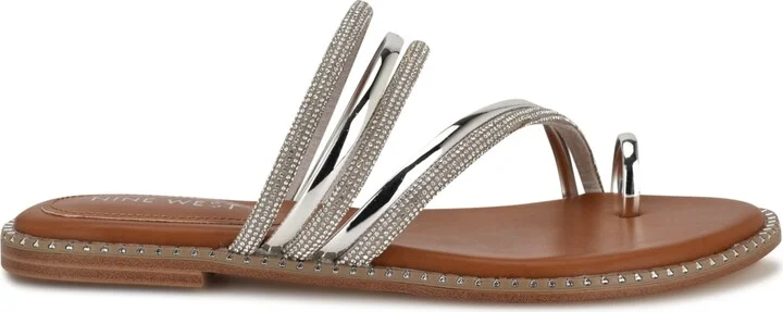 Nine West Women's Dashin Embellished Strappy Flat Sandals - Brown/Silver - Image 2