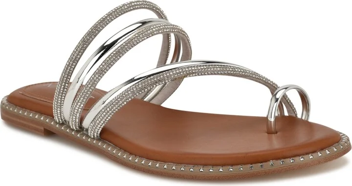 Nine West Women's Dashin Embellished Strappy Flat Sandals - Brown/Silver