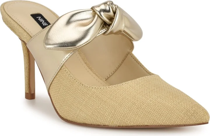 Nine West Women's Demmure Bow Strap Slip-On Stiletto Pumps - Light Natural/Gold