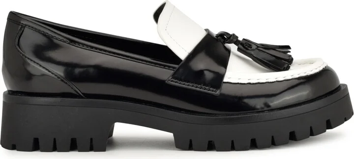 Nine West Women's Garry Round Toe Slip-On Casual Loafers - Black, White Patent - Image 2
