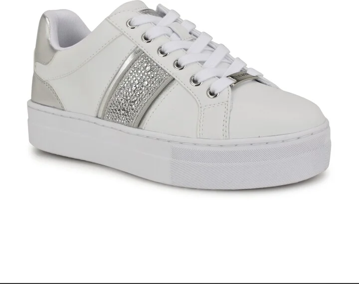 Nine West Women's Gator Platform Casual Lace-Up Sneakers - White/Silver