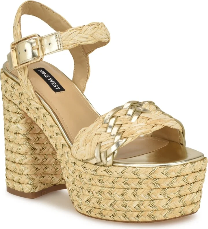 Nine West Women's Jolane Block Heel Round Toe Dress Sandals - Light Natural, Gold - Manmade