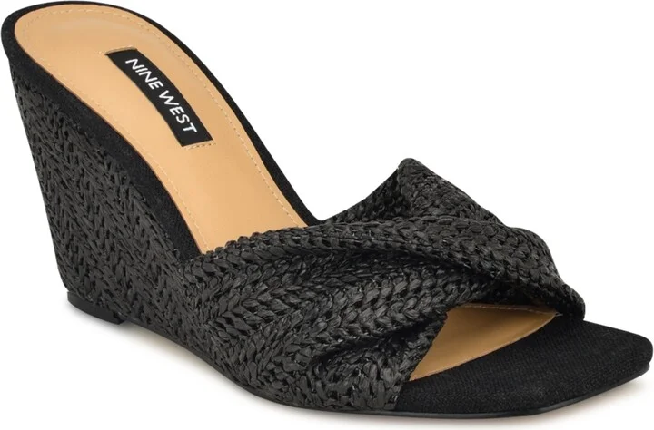 Nine West Women's Nikhil Slip-On Square Toe Wedge Sandals