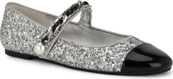 Nine West Women's Platy Embellished Mary Jane Ballet Flats - Silver Glitter/Black