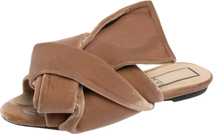 Nº21 Beige Velvet Knot Flat Slide Sandals Size 37