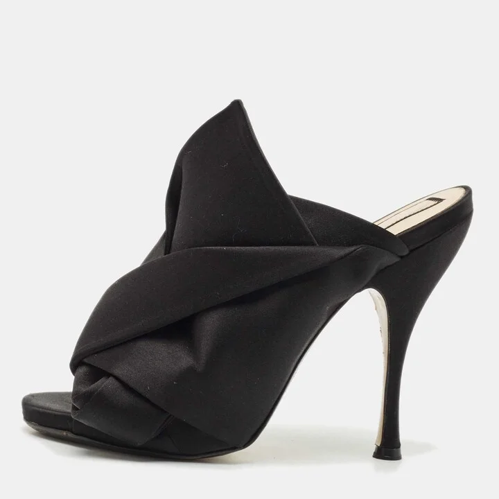 Nº21 Black Satin Raso Knot Peep Toe Mules Size 38.5