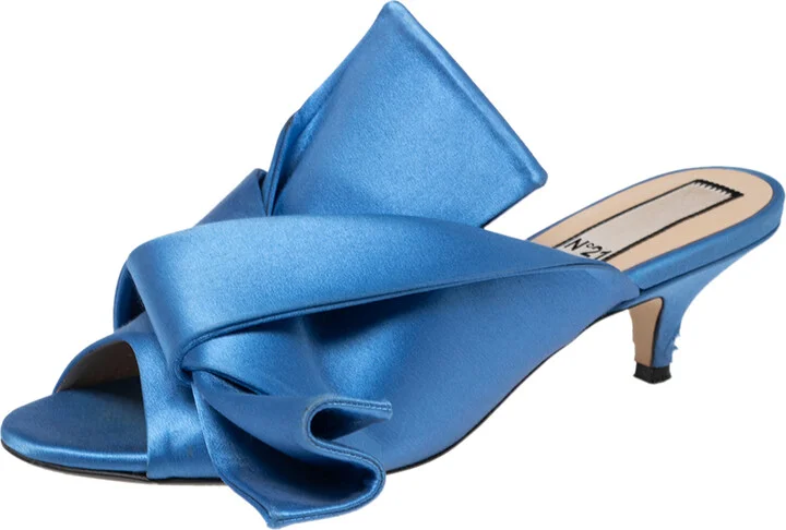 Nº21 Blue Satin Raso Knot Peep Toe Kitten Heel Mules Size 36.5