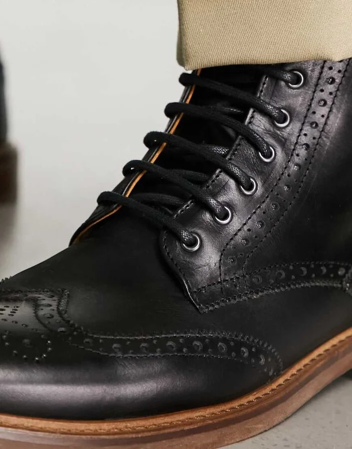 Noak made in Portugal lace up brogue boots in black leather - Image 3