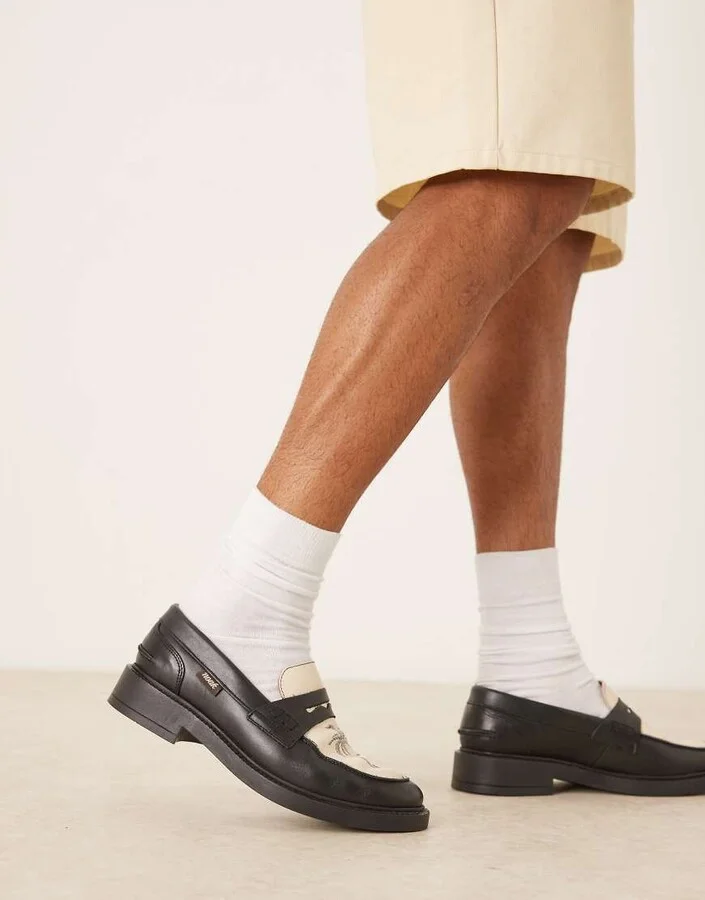 Noak Made in Portugal penny loafers in black with print - Image 3