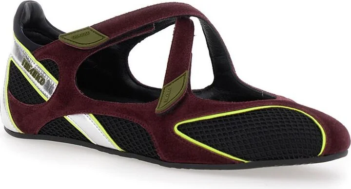 'Nomad' Bordeaux Ballet Shoes With Criss-Crossed Straps And Mesh Panels In Tech Fabric And Suede Woman - Image 2