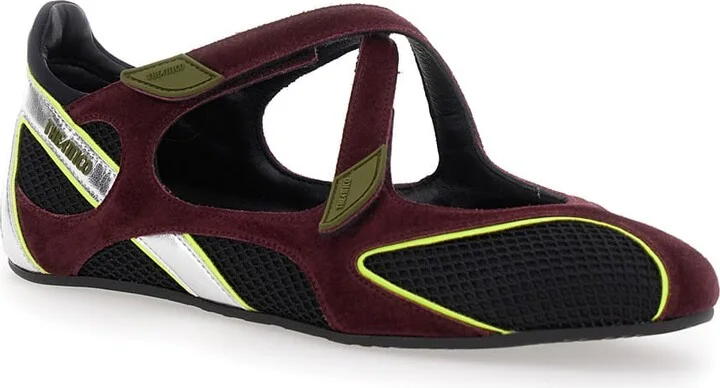 'nomad' Bordeaux Ballet Shoes With Criss-crossed Straps And Mesh Panels In Tech Fabric And Suede Woman - Image 2