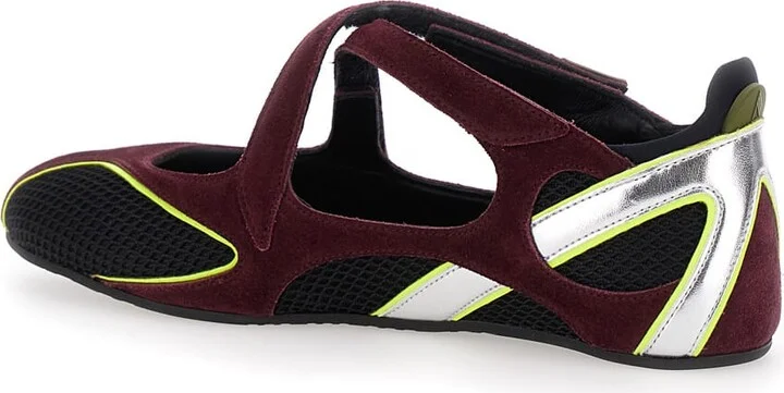 'nomad' Bordeaux Ballet Shoes With Criss-crossed Straps And Mesh Panels In Tech Fabric And Suede Woman - Image 3