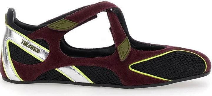 'Nomad' Bordeaux Ballet Shoes With Criss-Crossed Straps And Mesh Panels In Tech Fabric And Suede Woman