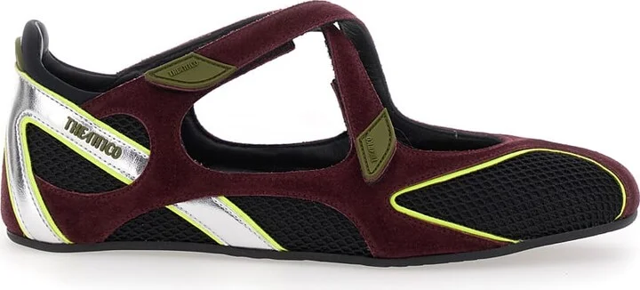 'nomad' Bordeaux Ballet Shoes With Criss-crossed Straps And Mesh Panels In Tech Fabric And Suede Woman