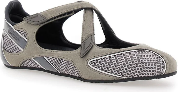 'Nomad' Grey Ballet Shoes With Criss-Crossed Straps And Mesh Panels In Tech Fabric And Suede Woman - Image 2