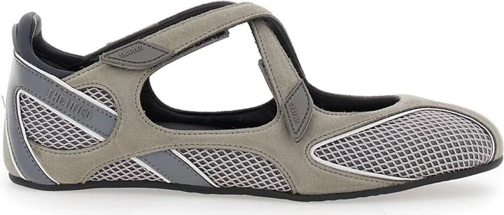 'Nomad' Grey Ballet Shoes With Criss-Crossed Straps And Mesh Panels In Tech Fabric And Suede Woman