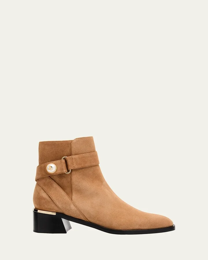 Noor 45 Suede Pearly-Button Ankle Booties