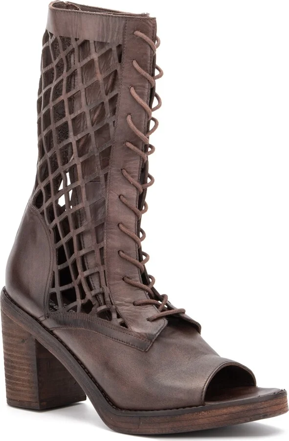 Normandy Leather Fishnet Cutout Block Heel Boot