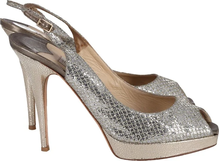 Nova Peep Toe Slingback Sandals in Silver Glitter And Lurex Fabric
