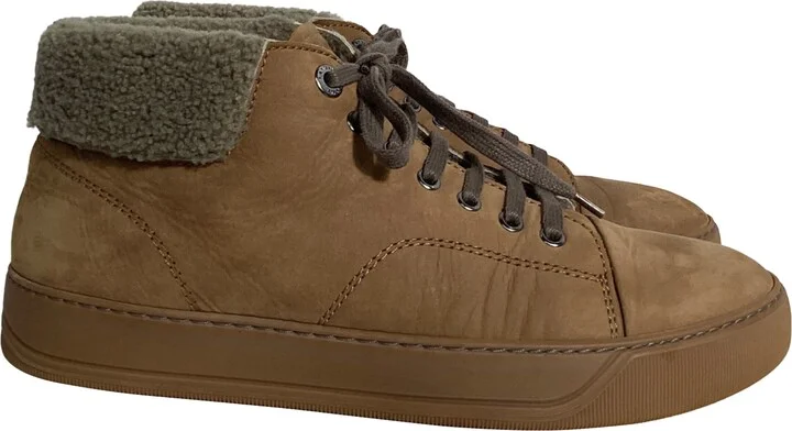 Nubuck Shear-Lined High-Top Sneakers in Brown Suede