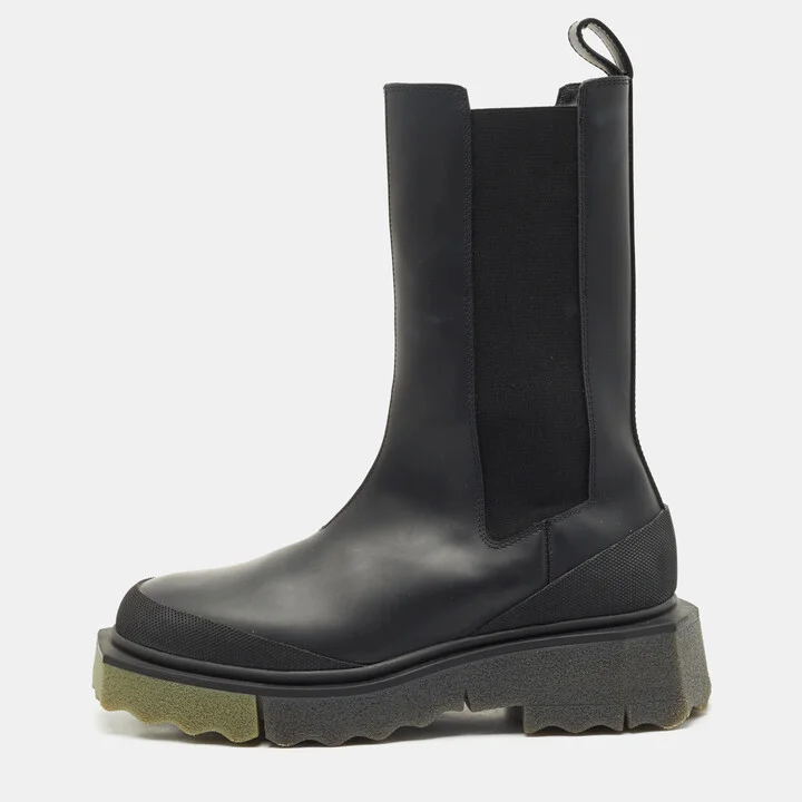 Off-White Black Leather and Elastic Rain Boots Size 38
