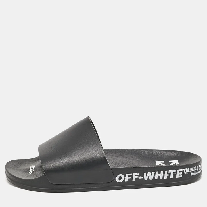 Off-White Black Leather Industrial Flat Slide Sandals Size 40
