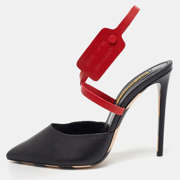 Off-White Black/Red Leather Pointed Toe Zip Tie Ankle Strap Mules Size 40