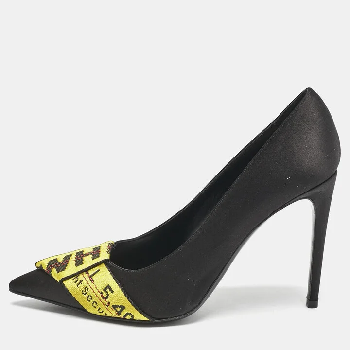 Off-White Black/Yellow Satin Commercial Bow Pumps Size 40