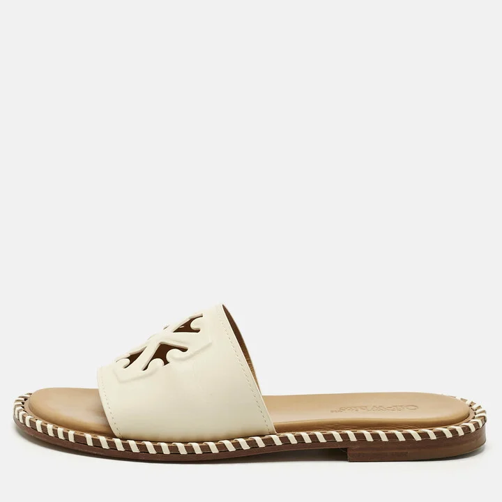 Off-White Cream Leather Twist Arrow Flat Slides Size 38