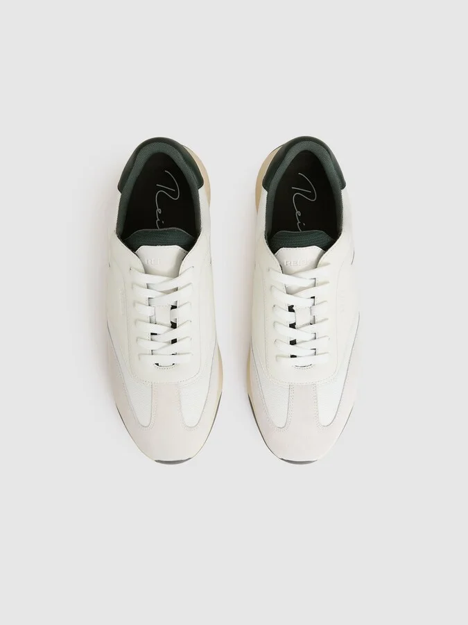 Off White/green Leather Suede Running Trainers - Image 2