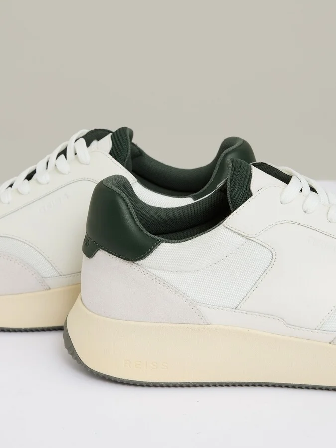 Off White/green Leather Suede Running Trainers - Image 3