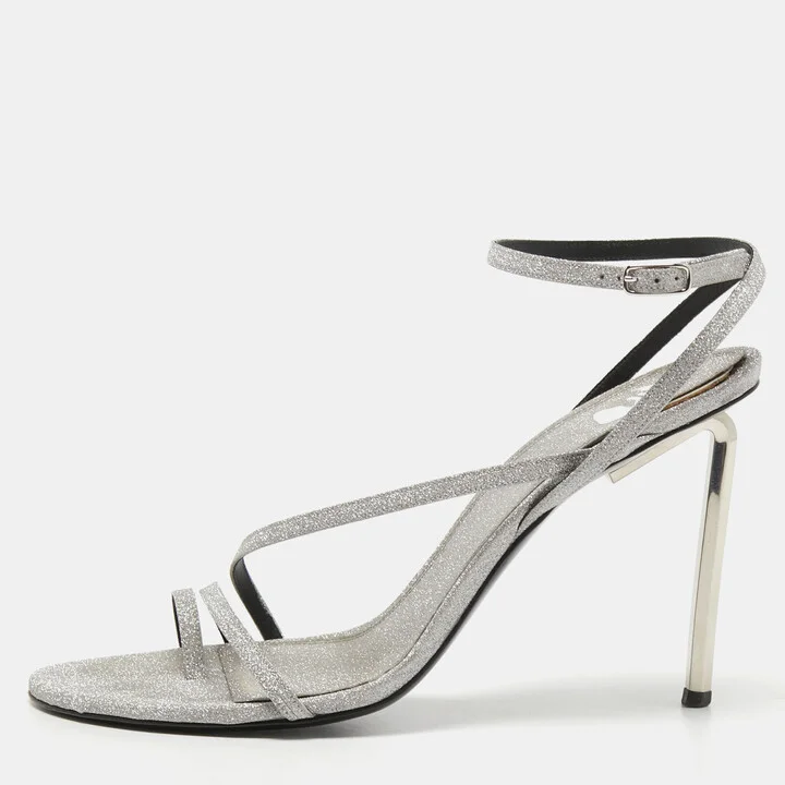 Off-White Metallic Grey Glitter Allen Ankle Strap Sandals Size 40