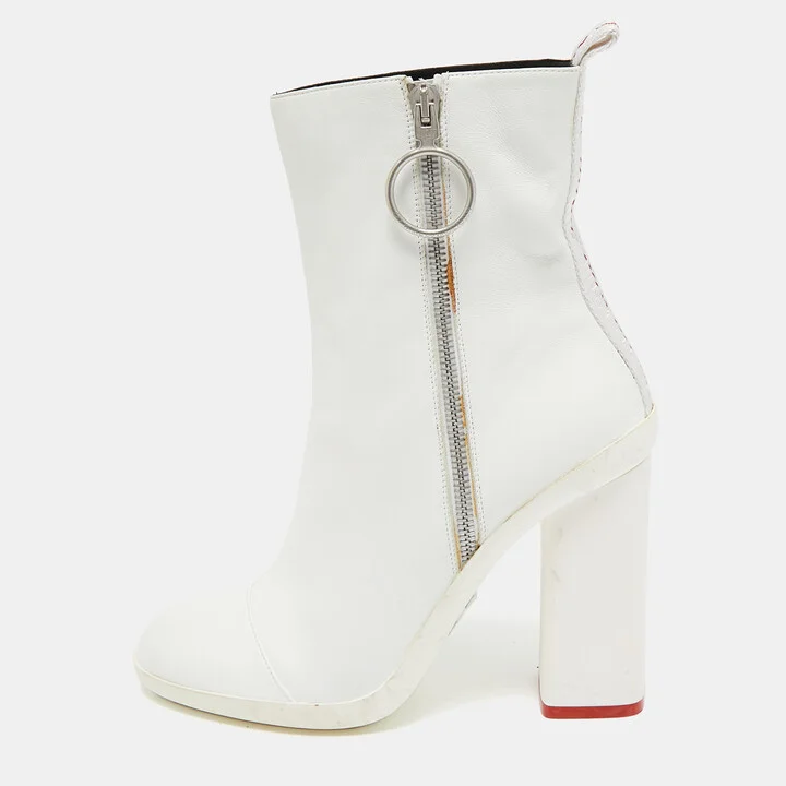 Off-White White Leather Block Heel Ankle Length Boots Size 39