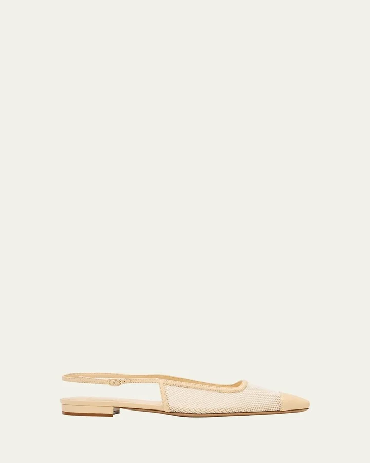 Olivia Mesh Leather Cap-Toe Slingback Ballerina Flats