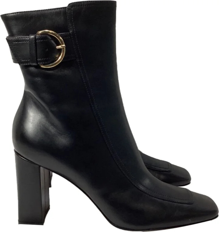 Olsen Buckled Block Heel Ankle Boots in Black Leather