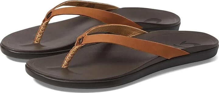 OluKai Ho'opio Leather Women's Sandals Sahara/Dark Java : 5 B - Medium, Leather/Synthetic