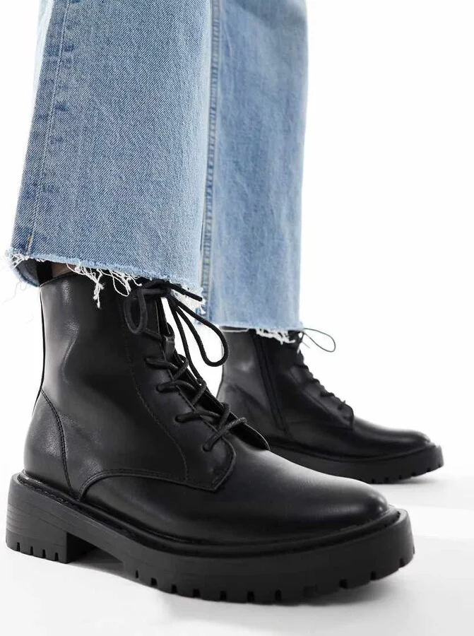 ONLY faux leather lace front chunky boots in black