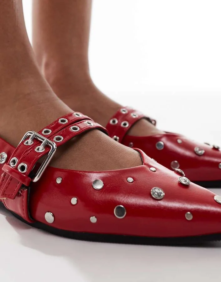 ONLY studded sling back ballet flat in red - Image 3