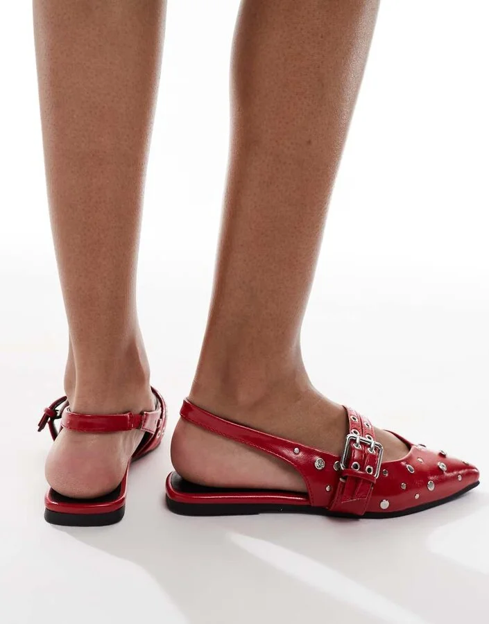 ONLY studded sling back ballet flat in red - Image 4