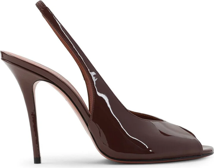 Open-Toe Brown Patent Leather Stiletto Pumps