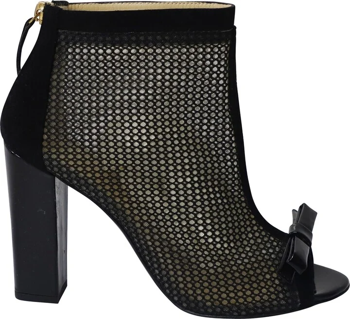 Open-Toe Mesh Ankle Boots in Black Suede