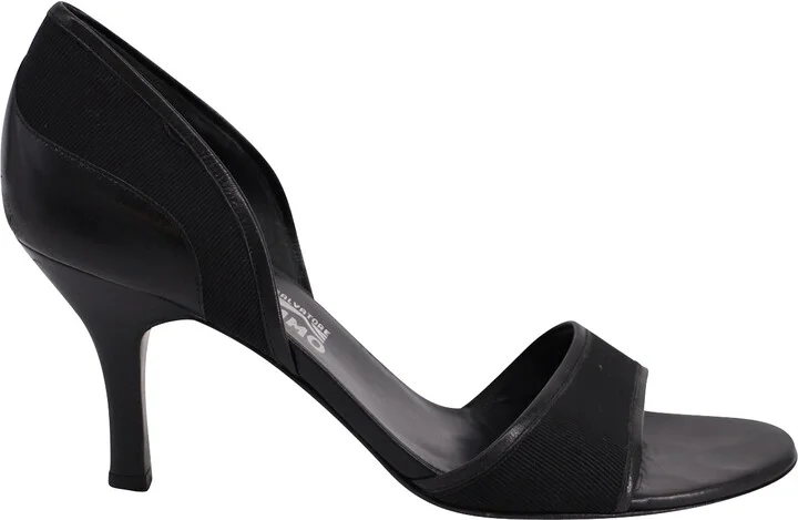 Open Toe Mid Heel Pumps in Black Leather