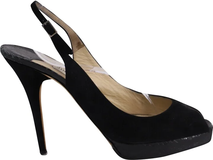 Open Toe Slingback Pumps in Black Suede