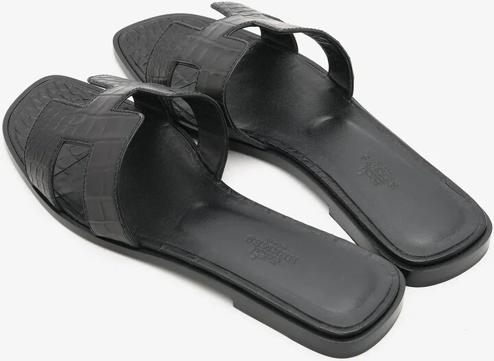 Oran H Cut-Out Sandals in Black Matte Alligator - Image 2